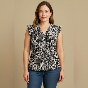 Floral Navy and White Peplum  Ruffle Top